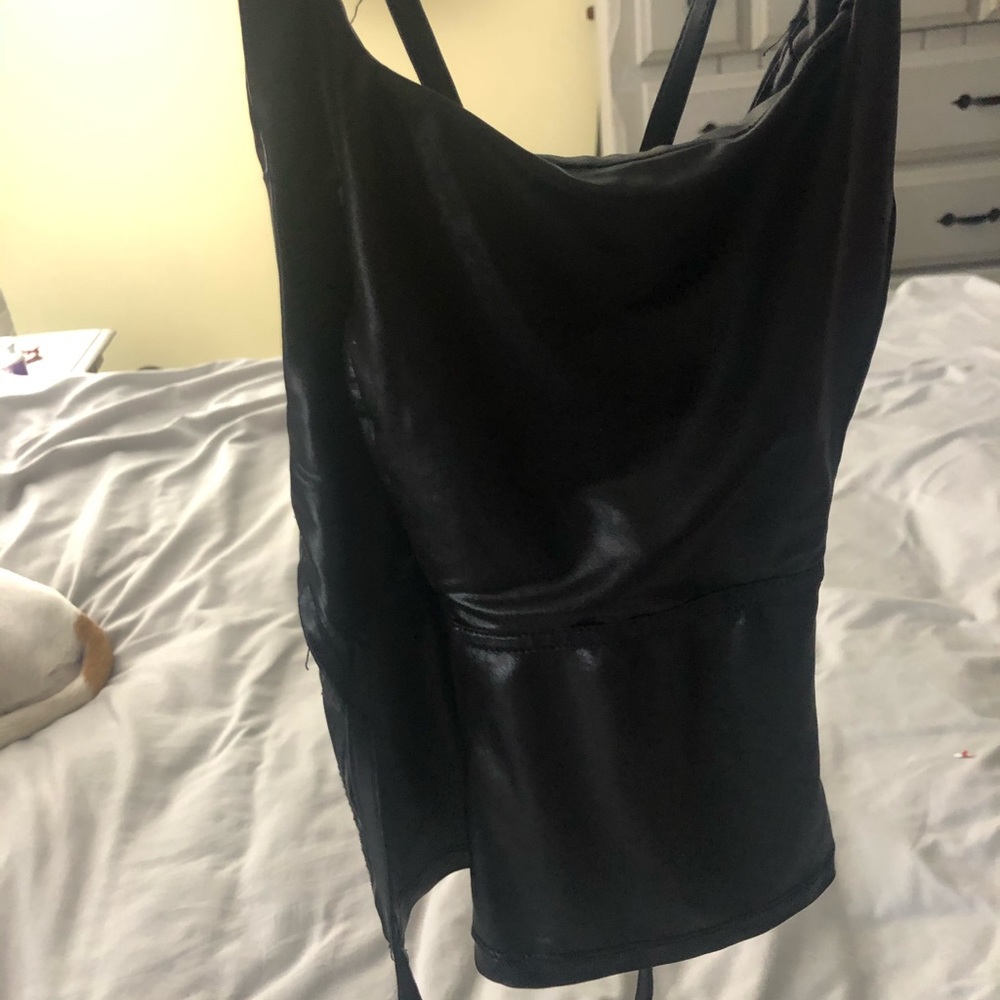 Black leather tie back top